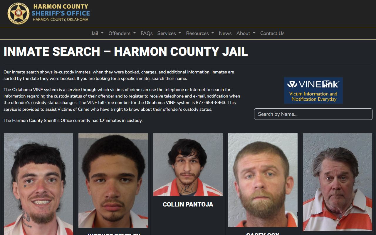Harmon County jail roster search for current inmate population records