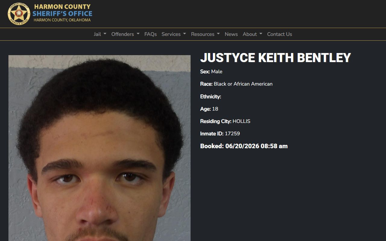 Harmon County inmate record profile with mugshot and booking fields