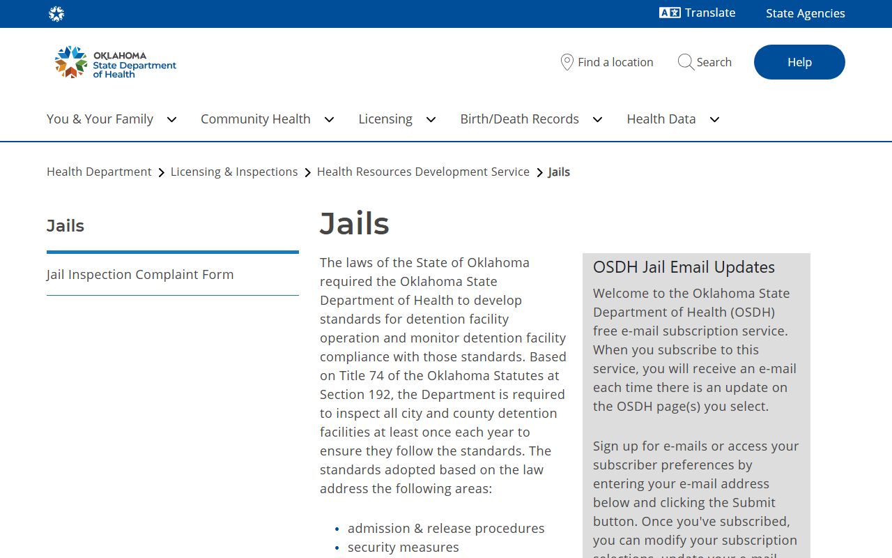 Harmon County jail population standards and Oklahoma detention inspection context